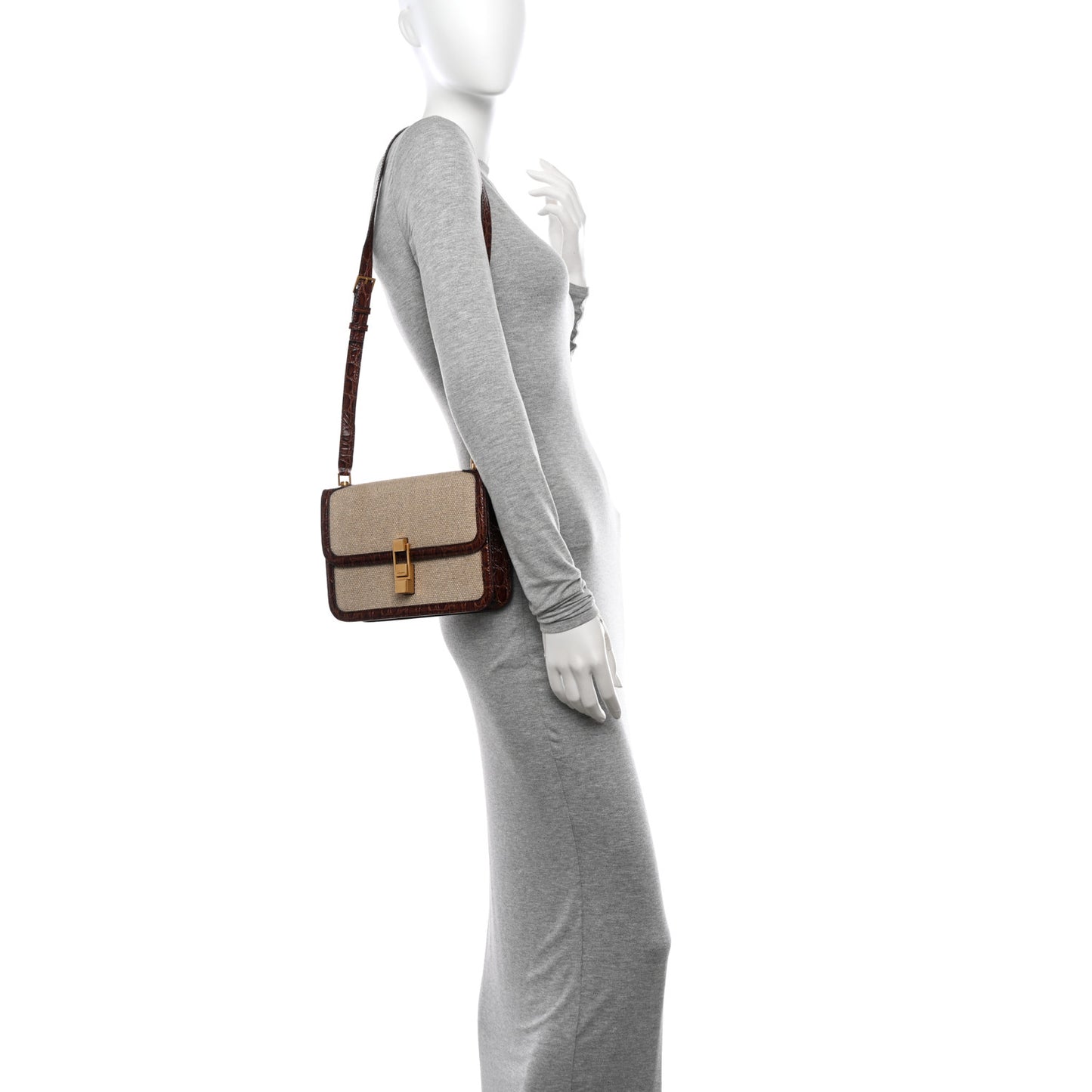 Linen Canvas Crocodile Embossed Carre Satchel Natural Brown