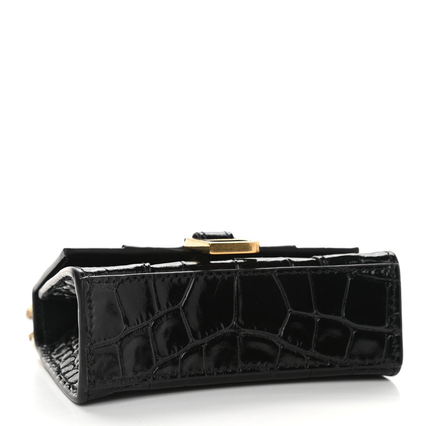 Shiny Calfskin Crocodile Embossed Hourglass Top Handle Bag Mini with Chain Black