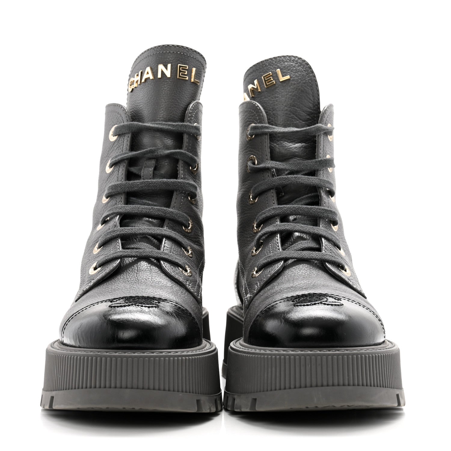 Chanel Grained Calfskin Shiny Calfskin CC Lace Up Combat Boots 38.5 Grey 2 of 11