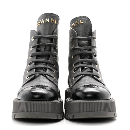 Chanel Grained Calfskin Shiny Calfskin CC Lace Up Combat Boots 38.5 Grey 2 of 11