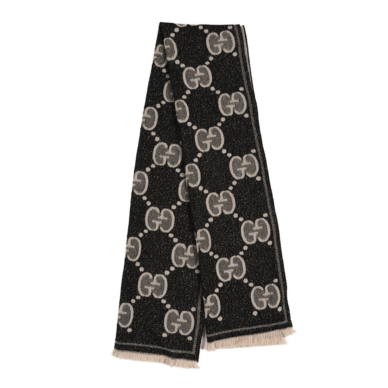 Gucci Wool Lame Jacquard Monogram Jumbo GG Lady Nest Lux Scarf Black Ivory 2 of 6