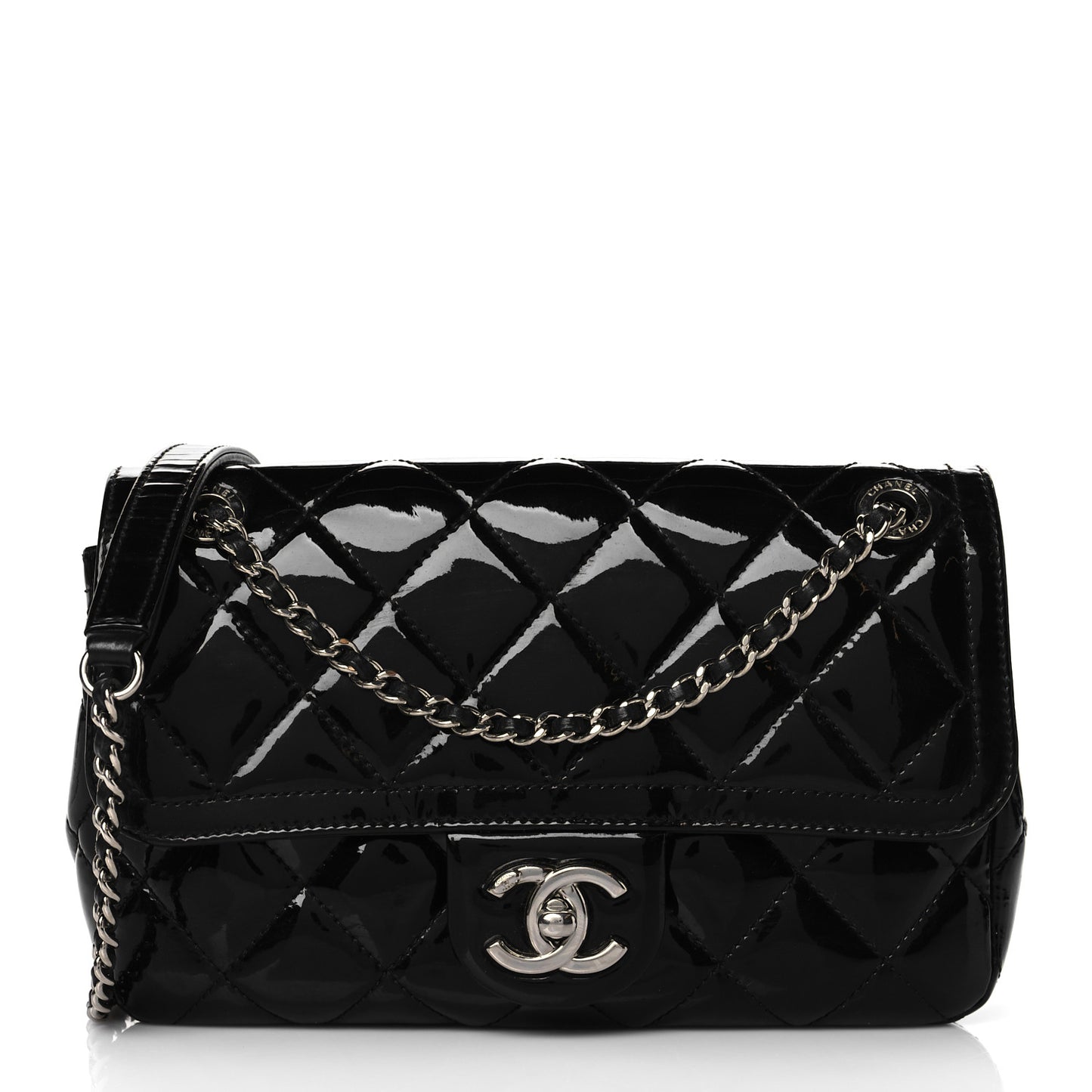 Patent Calfskin Quilted Mini Rectangular Flap Black