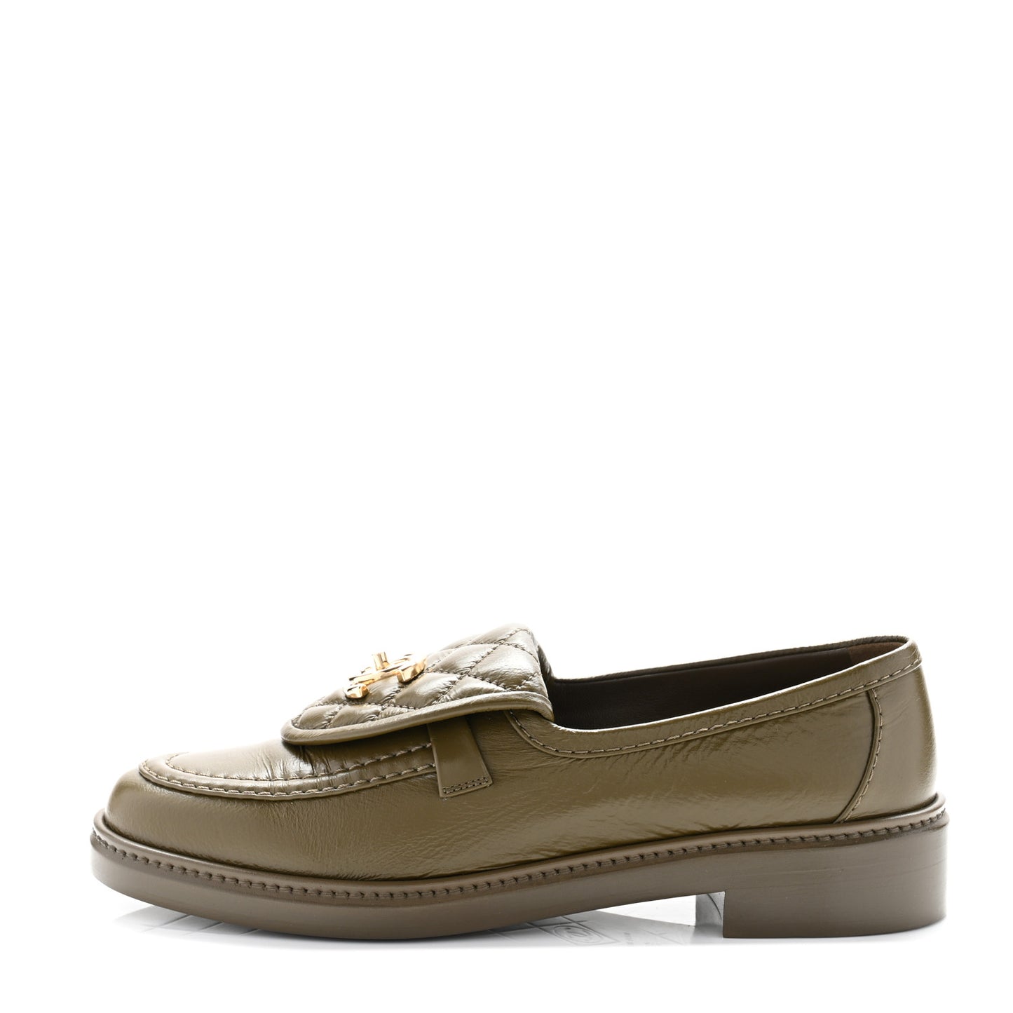 Crumpled Lambskin Quilted CC Turnlock Moccasins 37 Khaki