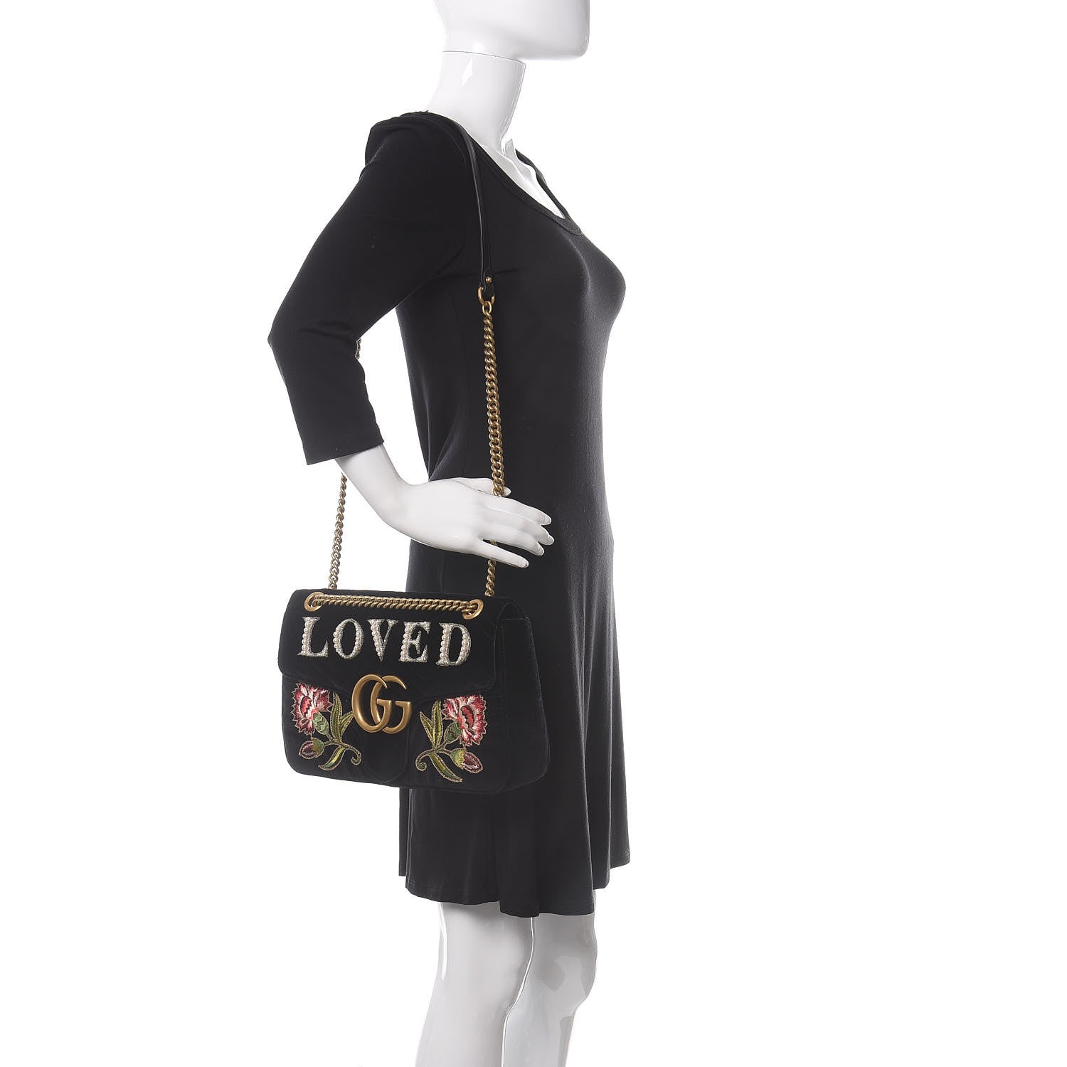 Gucci Velvet Matelasse Loved Embroidered Medium GG Marmont Shoulder Bag Black 3 of 11