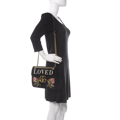 Gucci Velvet Matelasse Loved Embroidered Medium GG Marmont Shoulder Bag Black 3 of 11