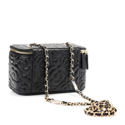 Chanel Goatskin Camellia Embossed Quilted Small Vanity Case With Chain Black 3 of 10