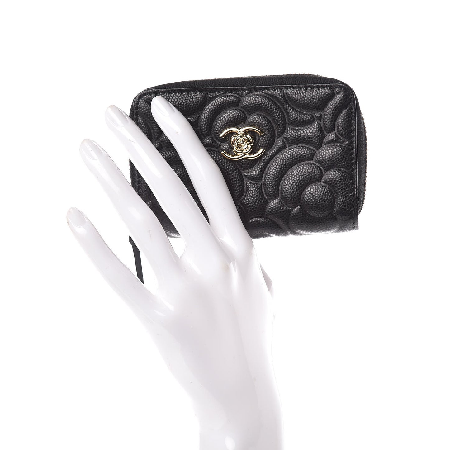 Caviar Camellia Embossed Zip Coin Purse Black