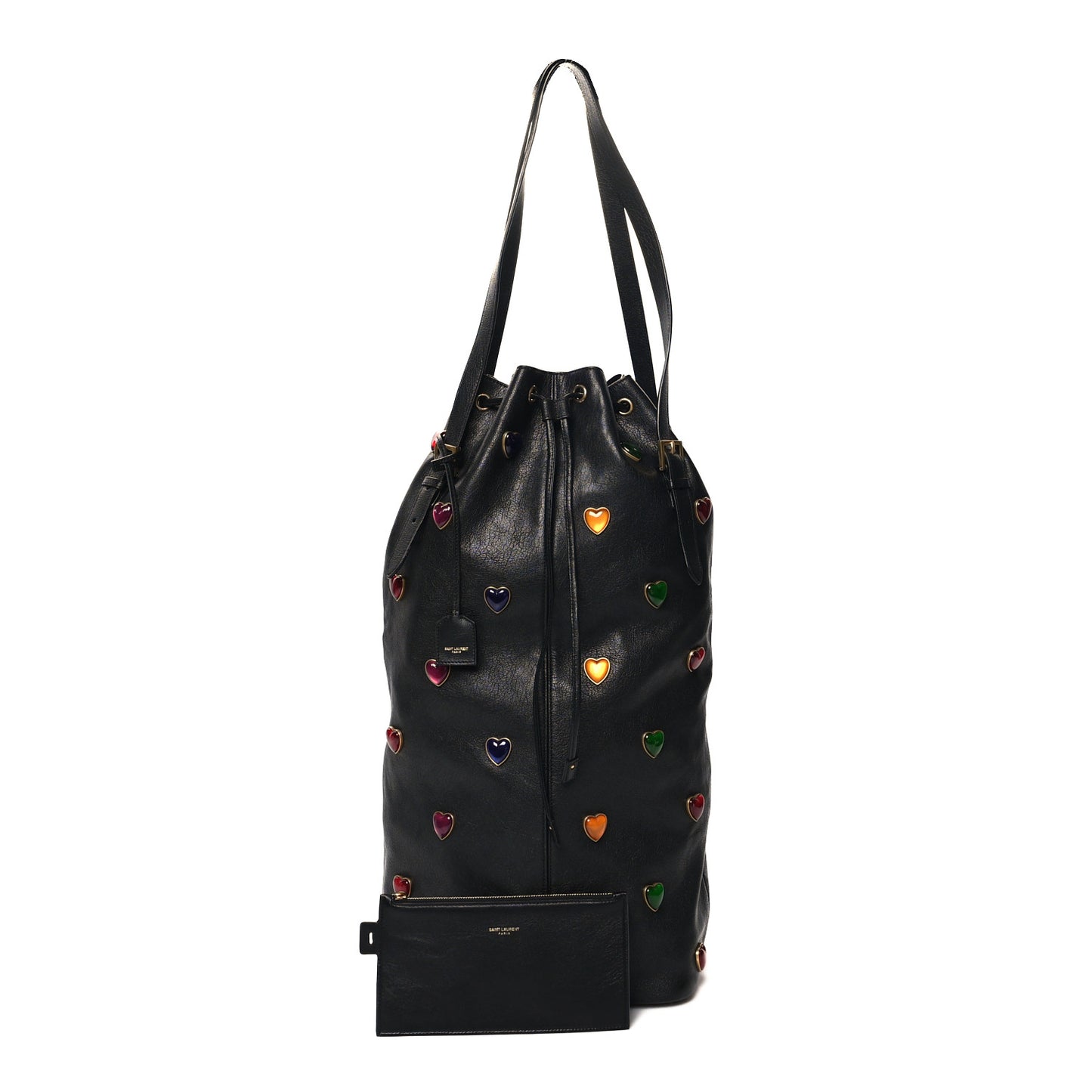 Lambskin Medium Heart Studded Riva Drawstring Bag Black