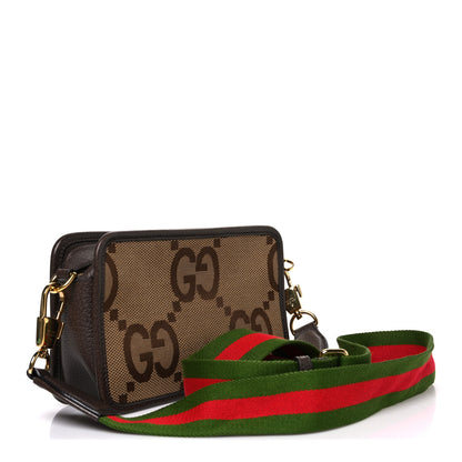 Gucci Monogram Jumbo GG Textured Dollar Calfskin Web Mini Crossbody Bag Camel Ebony New Acero 3 of 11