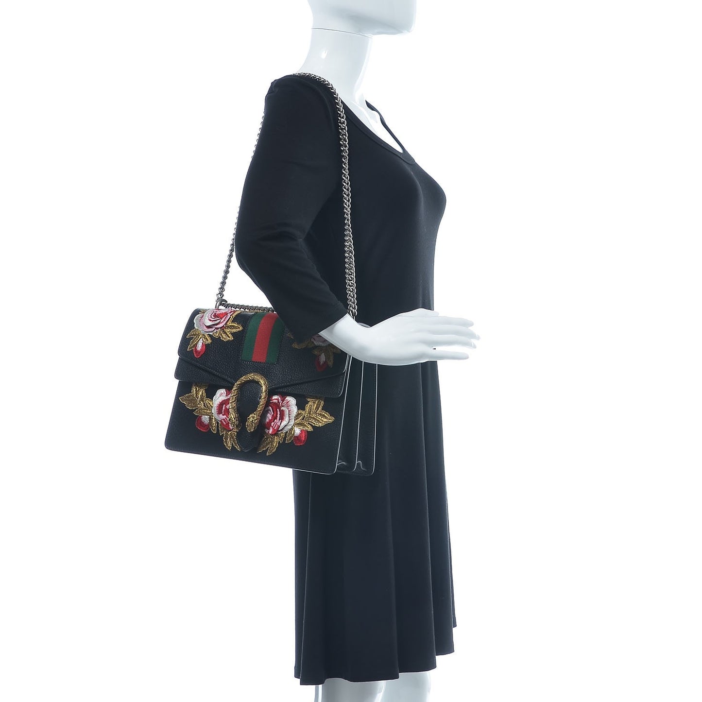 Calfskin Web Floral Embroidered Medium Dionysus Shoulder Bag Black