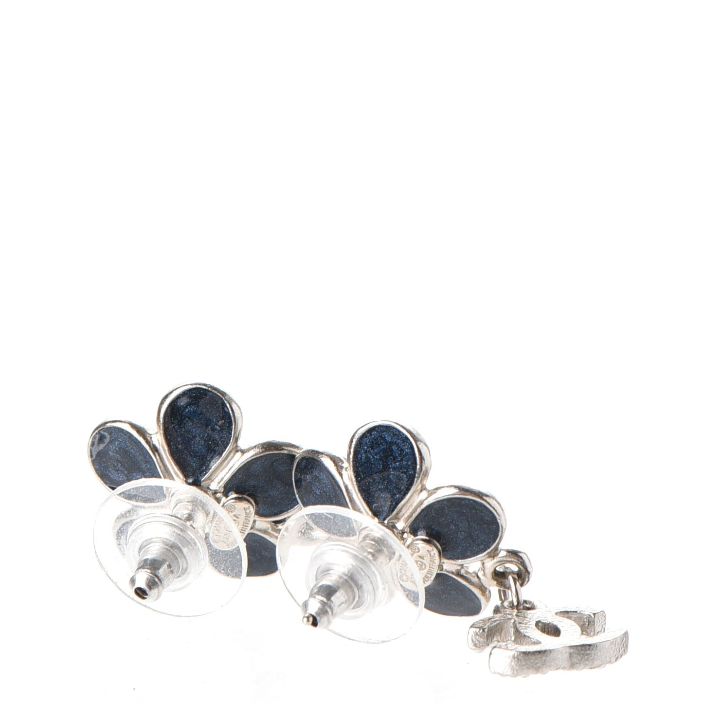 Enamel Pearl CC Flower Drop Earrings Blue Silver