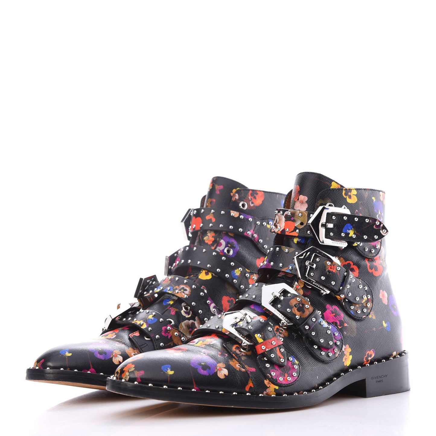 Calfskin Studded Pansy Print Elegant Prue Buckle Bootie 39 Black