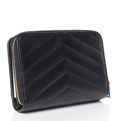 Saint Laurent Grain De Poudre Matelasse Chevron Monogram Compact Zip Around Wallet Black 3 of 8