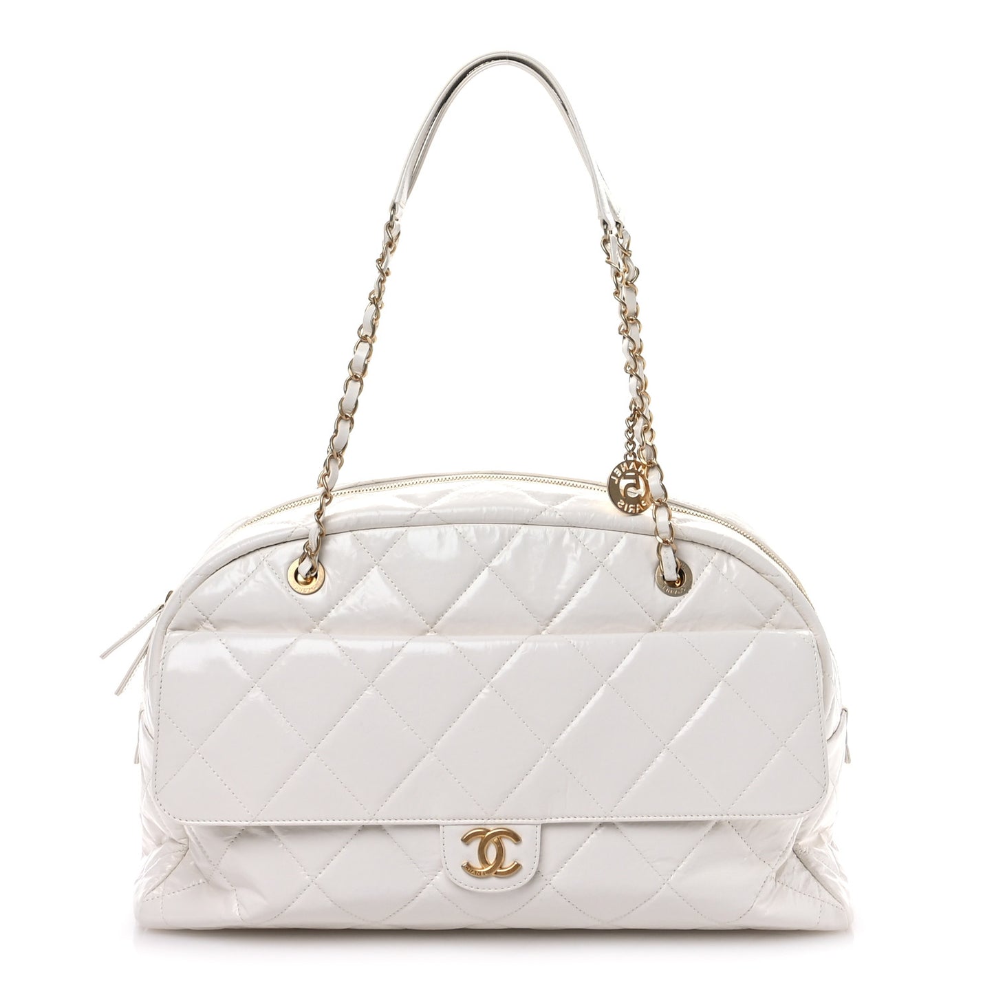 Shiny Crumpled Calfskin Quilted Large Bowling Bag White