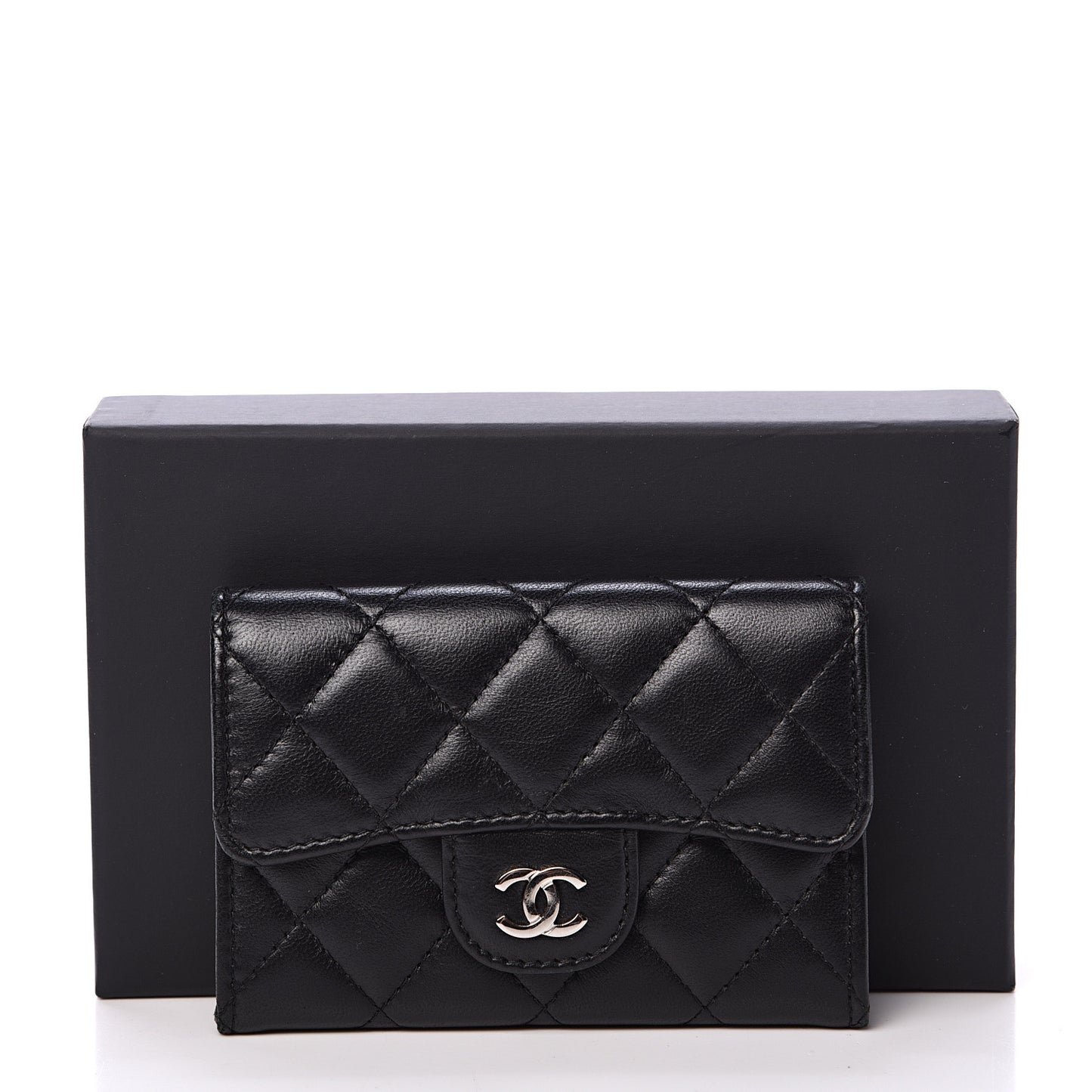 Lambskin Quilted Flap Card Holder Black