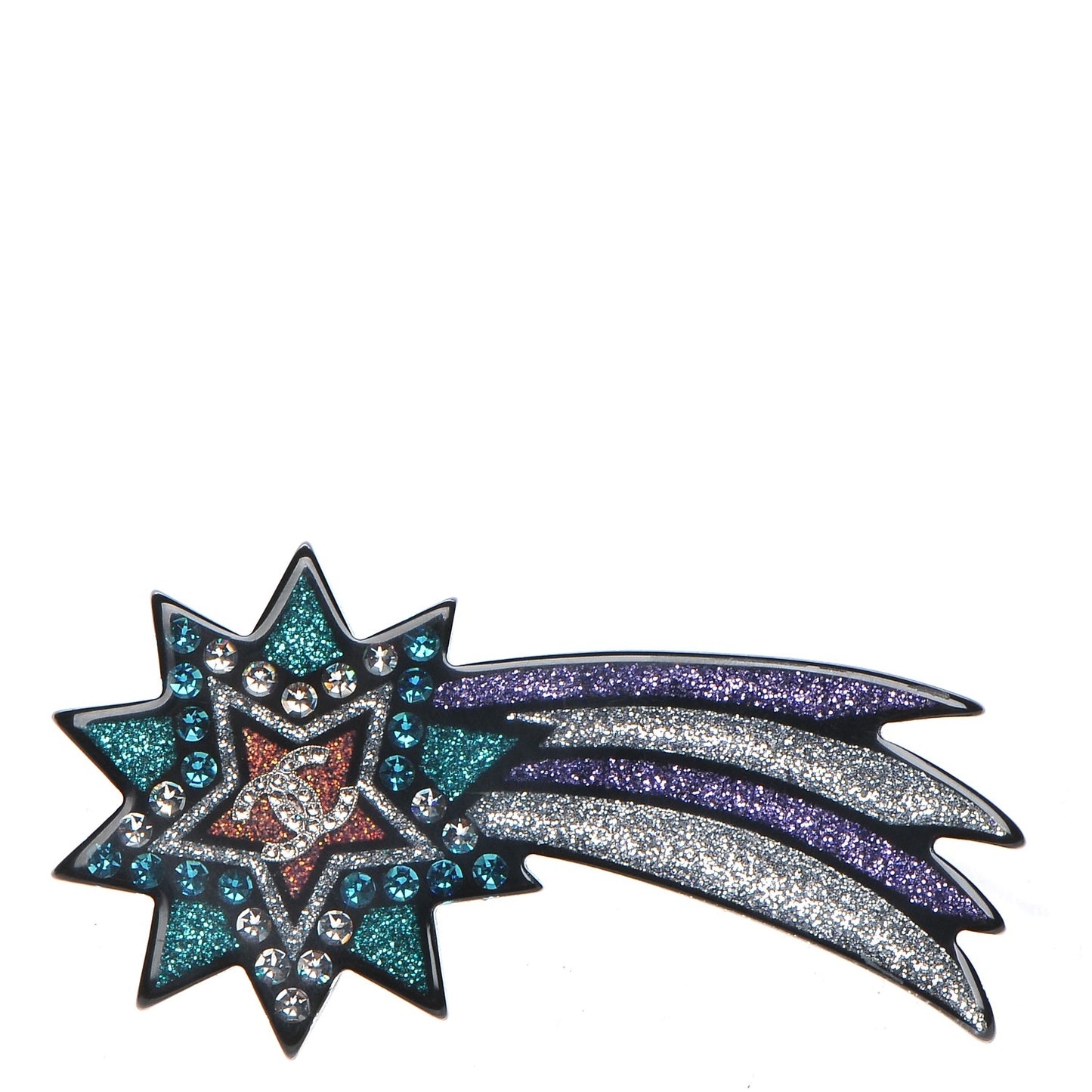 Glittered Resin Strass Shooting Star Brooch Black Purple Green