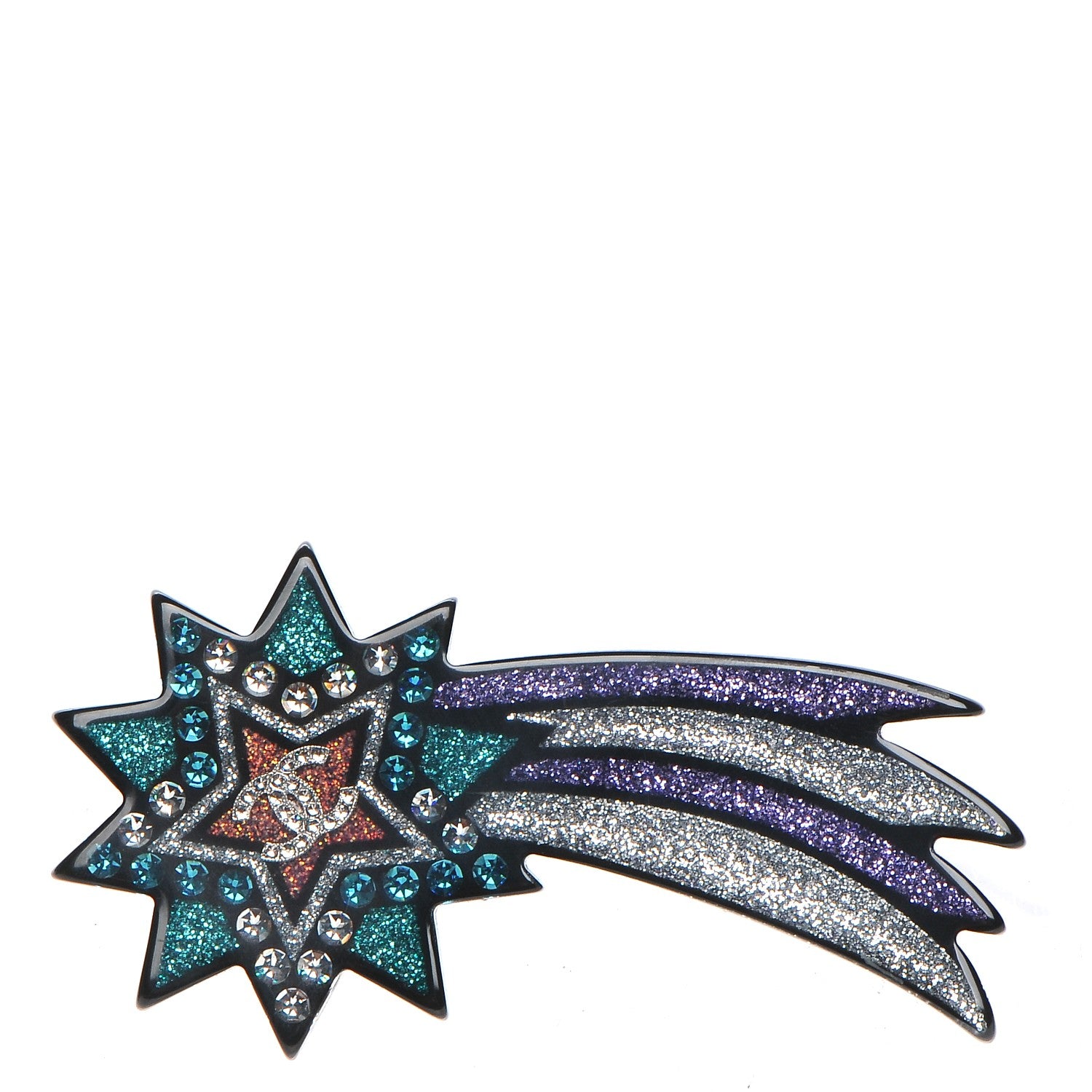 Chanel Glittered Resin Strass Shooting Star Brooch Black Purple Green 1 of 5