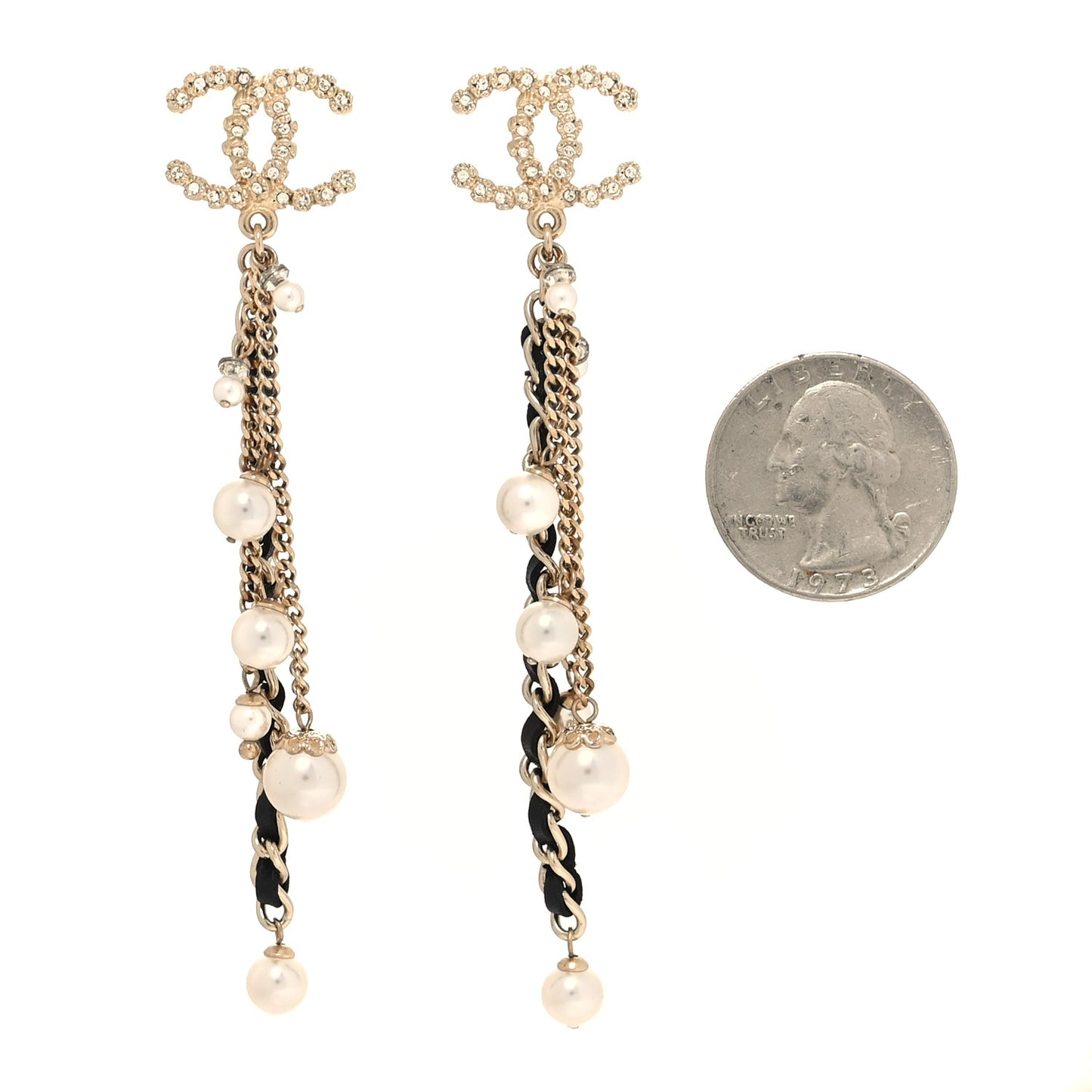 Pearl Crystal Lambskin Chain CC Dangle Earrings Gold