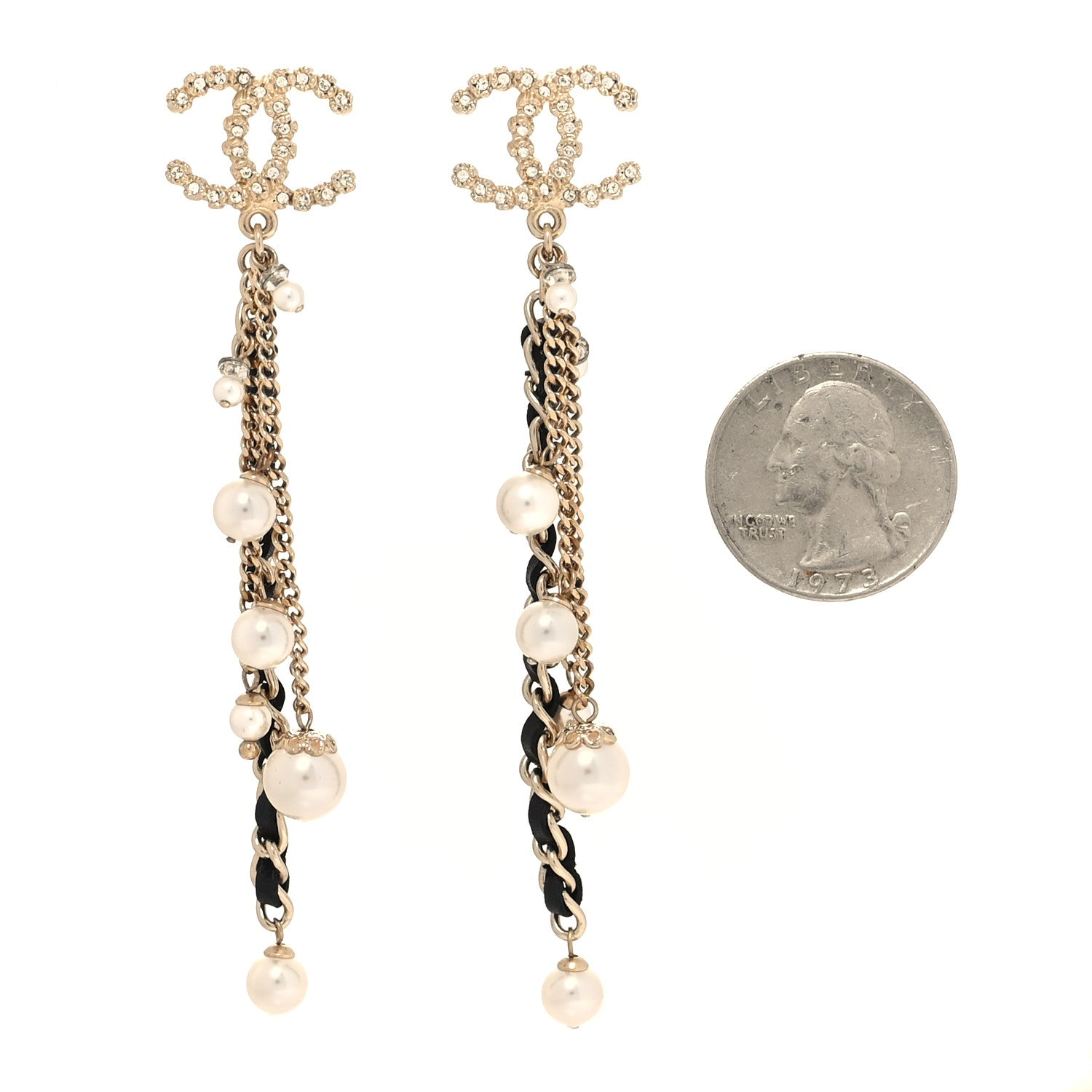 Chanel Pearl Crystal Lambskin Chain CC Dangle Earrings Gold 2 of 5