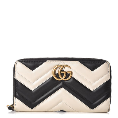 Gucci Calfskin Matelasse GG Marmont Zip Around Wallet Black White 1 of 10