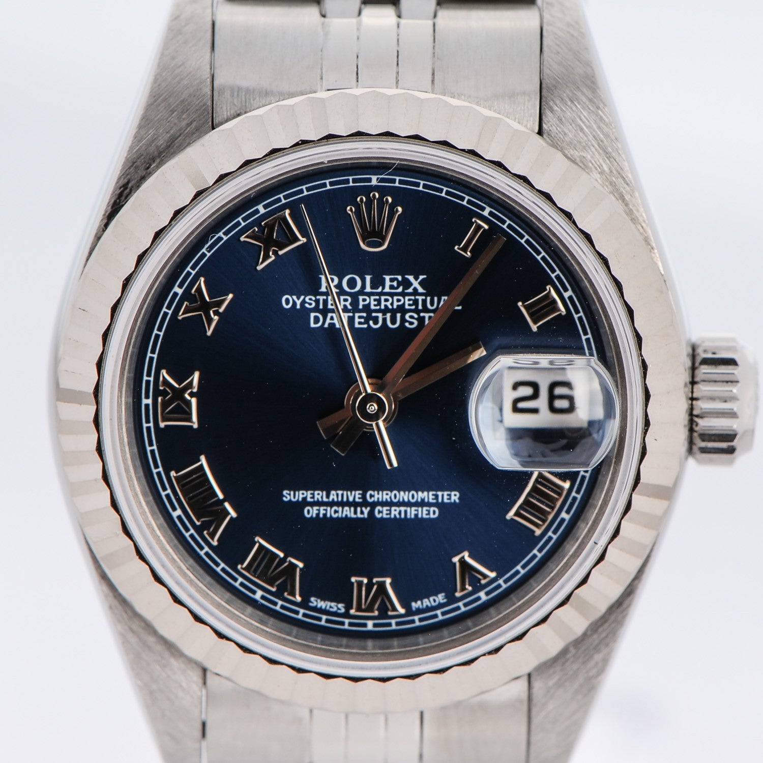 Rolex Stainless Steel 18K White Gold 26mm Oyster Perpetual Datejust Watch Blue Roman 69147 7 of 7
