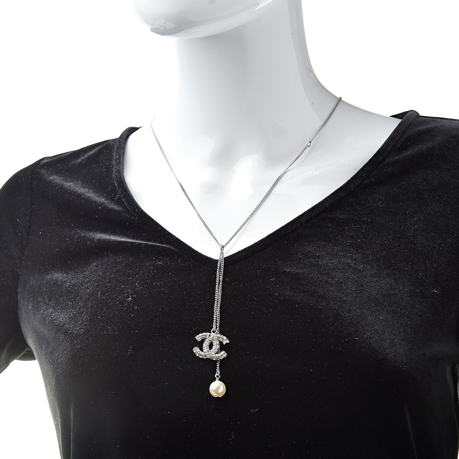 Chanel Baguette Crystal Pearl CC Lariat Necklace Silver 2 of 6