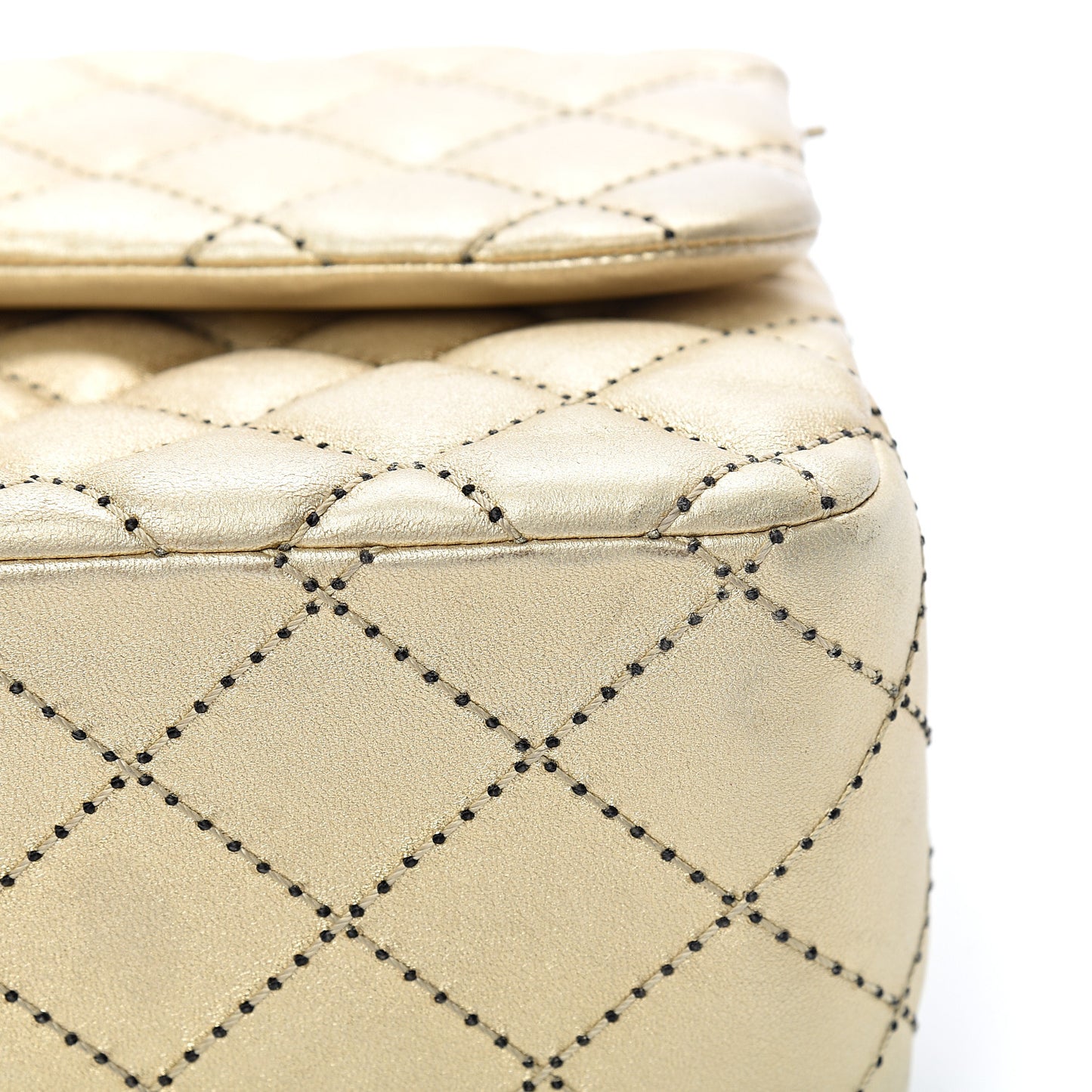 Metallic Washed Lambskin Quilted Jumbo Double Flap Dark Gold Black
