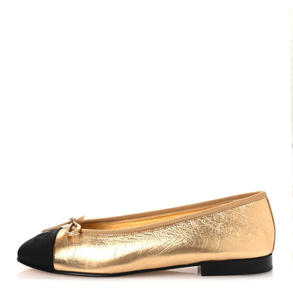 Chanel Laminated Crumpled Lambskin Grosgrain Cap Toe CC Ballerina Flats 37.5 Gold Black 1 of 12