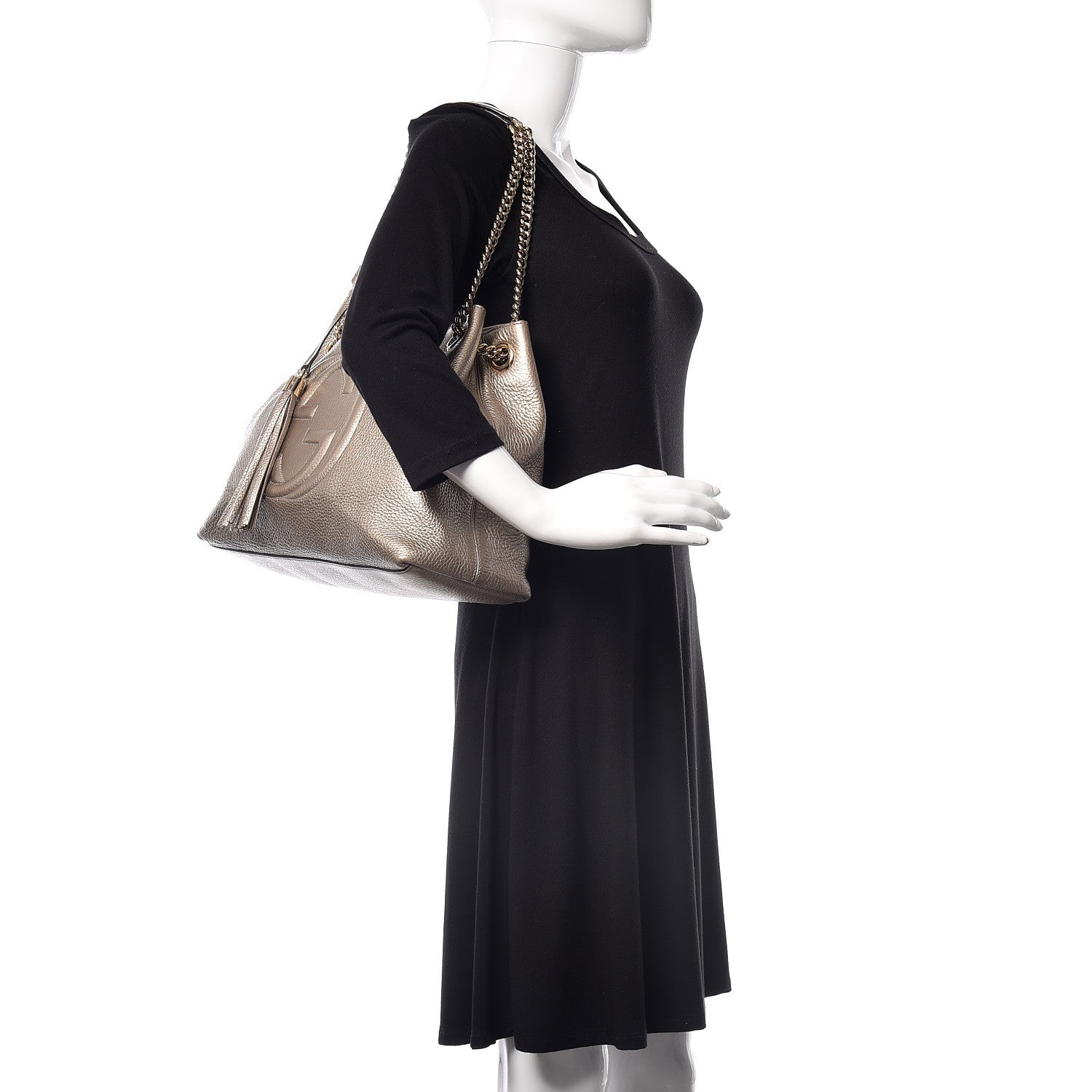 Gucci Metallic Pebbled Calfskin Medium Soho Chain Shoulder Bag Golden Beige 2 of 13