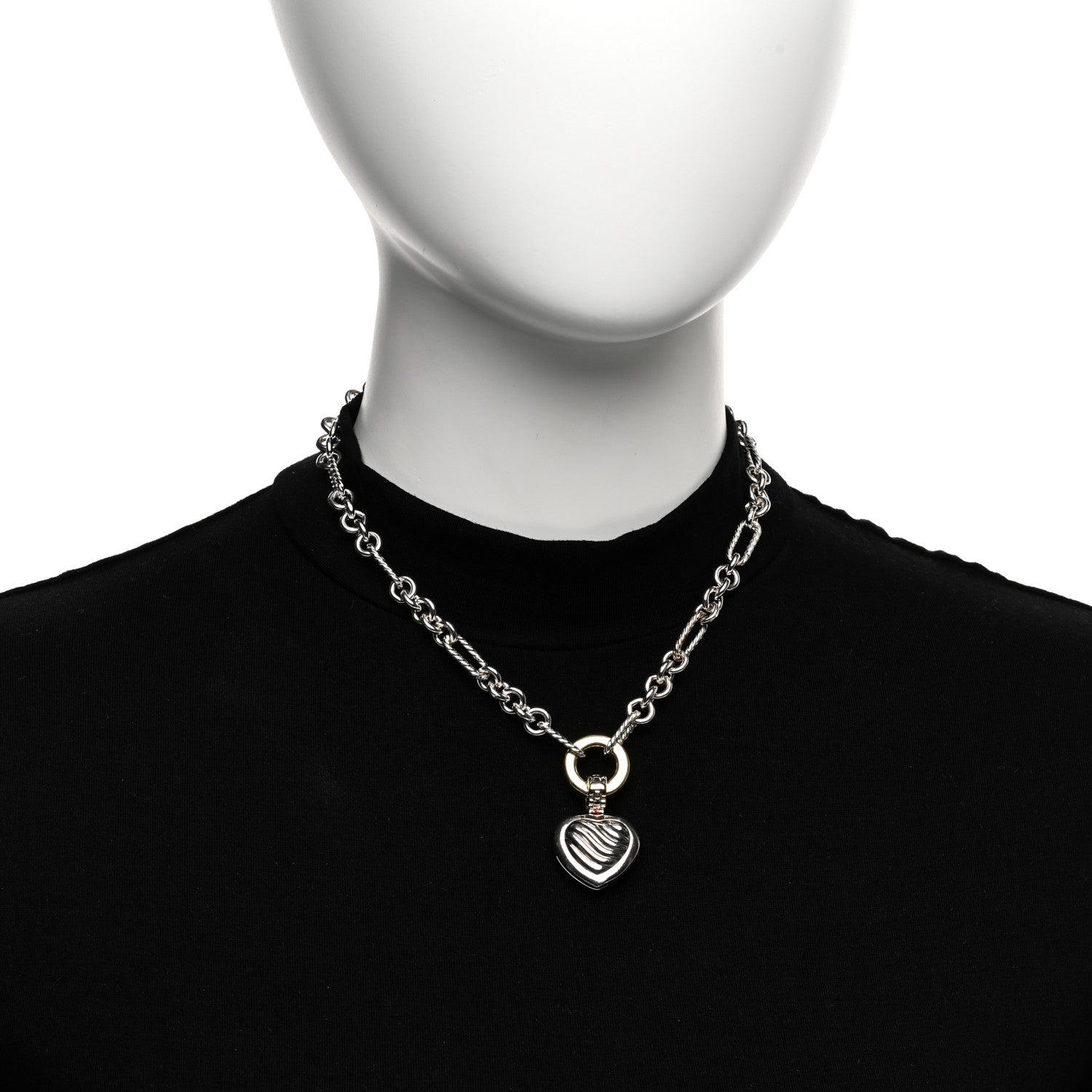 David Yurman Sterling Silver 18K Yellow Gold Cable Heart Figaro Necklace 2 of 4