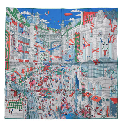 Hermes Silk Le Grand Prix Au Faubourg Scarf 90 Bleu Rose Menthol 1 of 6