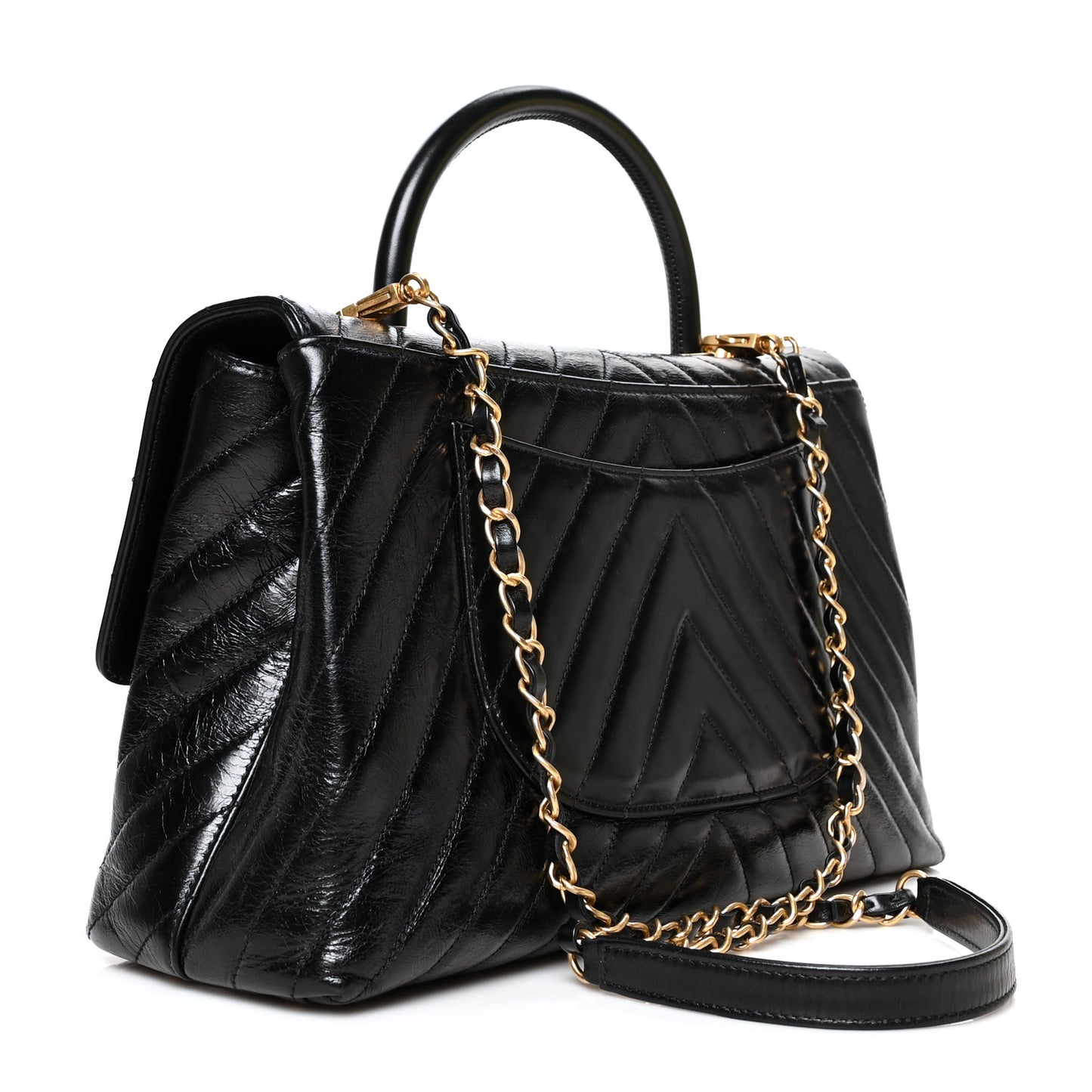 Calfskin Chevron Quilted Medium Coco Handle Flap Black