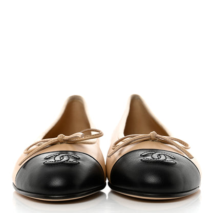 Chanel Lambskin Cap Toe CC Ballerina Flats 36.5 Beige Black 2 of 9