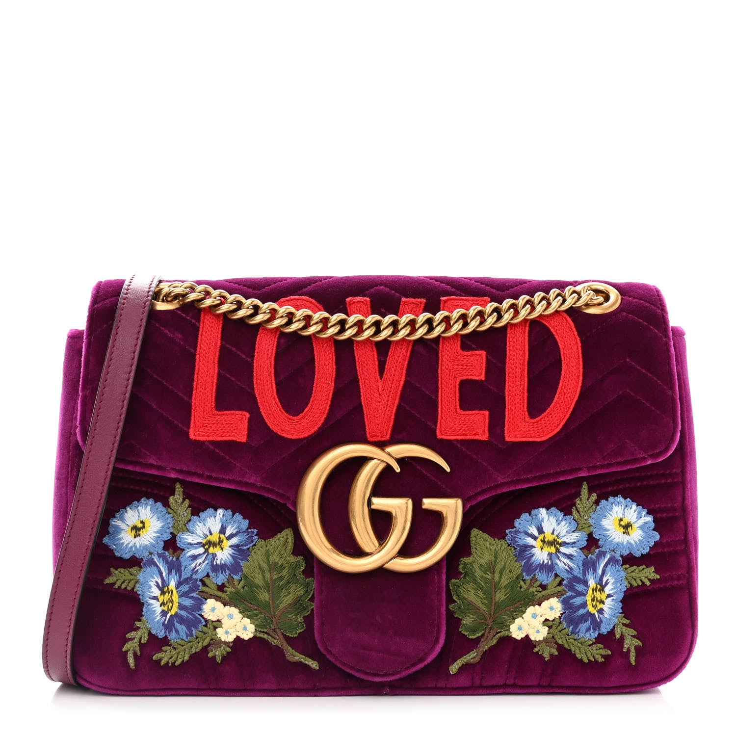 Gucci Velvet Matelasse Loved Embroidered Medium GG Marmont Shoulder Bag Fuchsia Violet Cyclamen 1 of 11