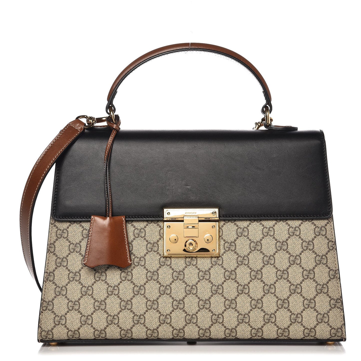 GG Supreme Monogram Calfskin Medium Padlock Top Handle Bag Beige Black Cuir