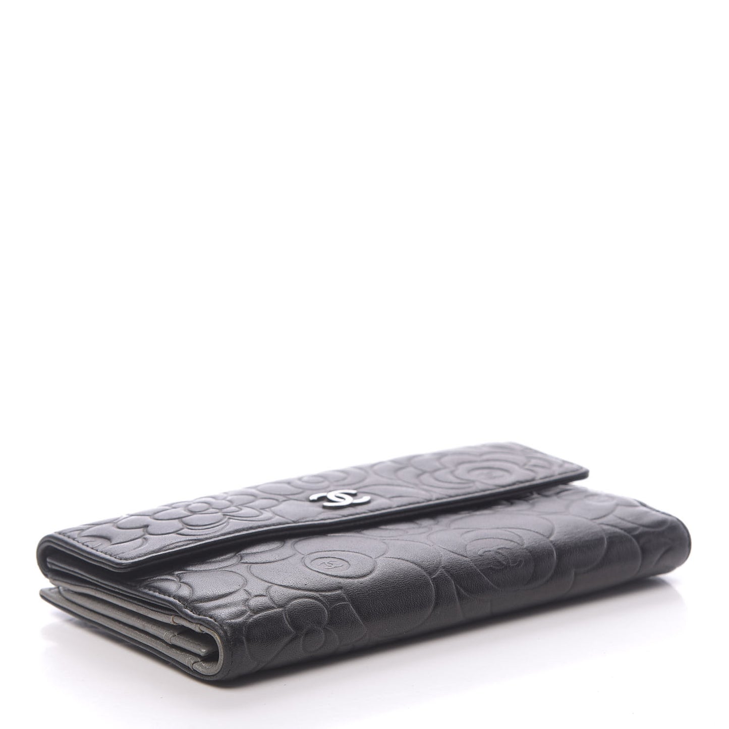 Lambskin Embossed Camellia Large Gusset Flap Wallet Black