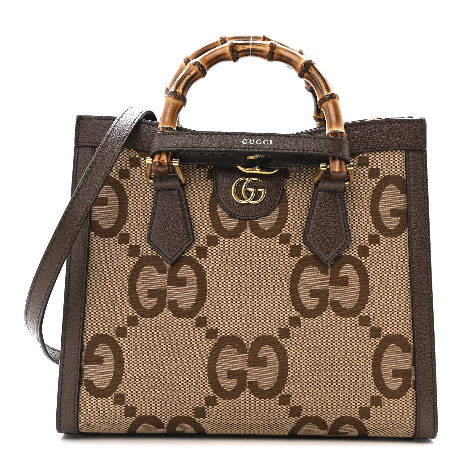 Gucci Monogram Jumbo GG Textured Dollar Calfskin Small Diana Tote Bag Camel Ebony New Acero 1 of 13