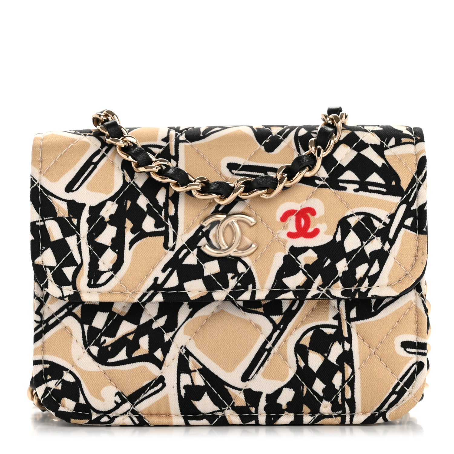 Chanel Canvas Check Flag Printed CC Clutch With Chain Beige Multicolor 1 of 12