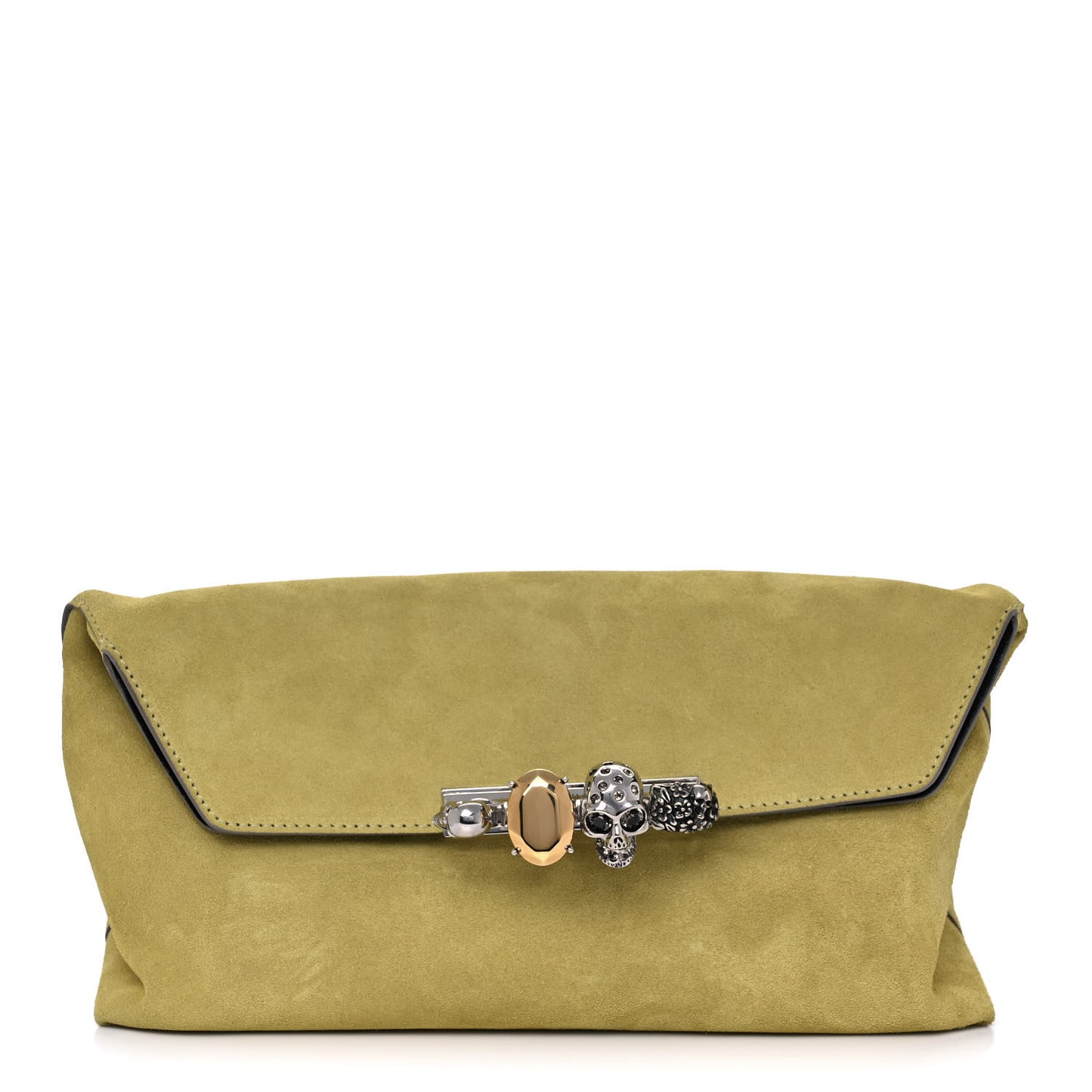Suede Skull Four Ring Clutch Lime