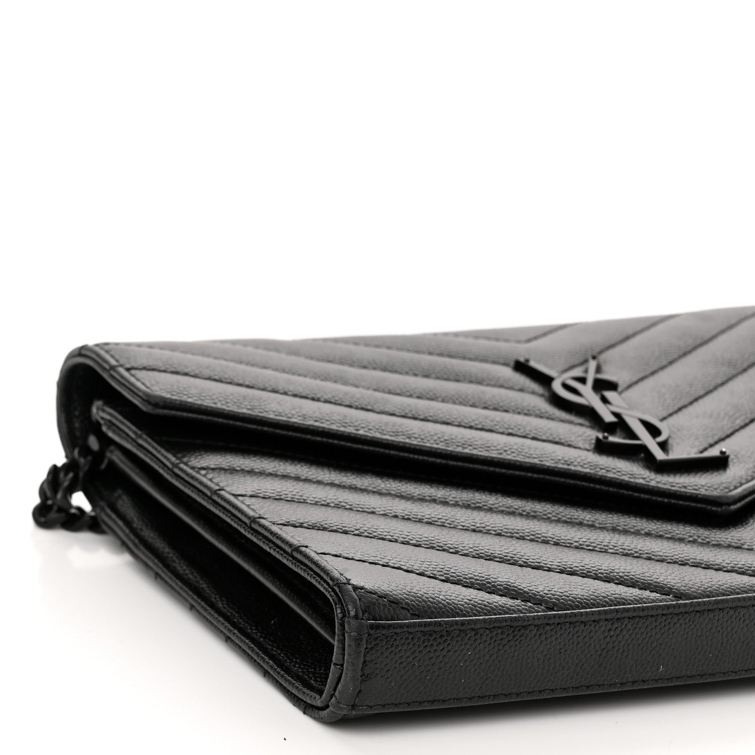 Saint Laurent Grain De Poudre Matelasse Chevron Monogram Monochrome Chain Wallet Black 8 of 11