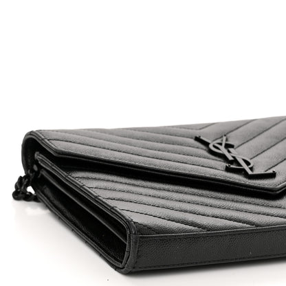 Saint Laurent Grain De Poudre Matelasse Chevron Monogram Monochrome Chain Wallet Black 8 of 11