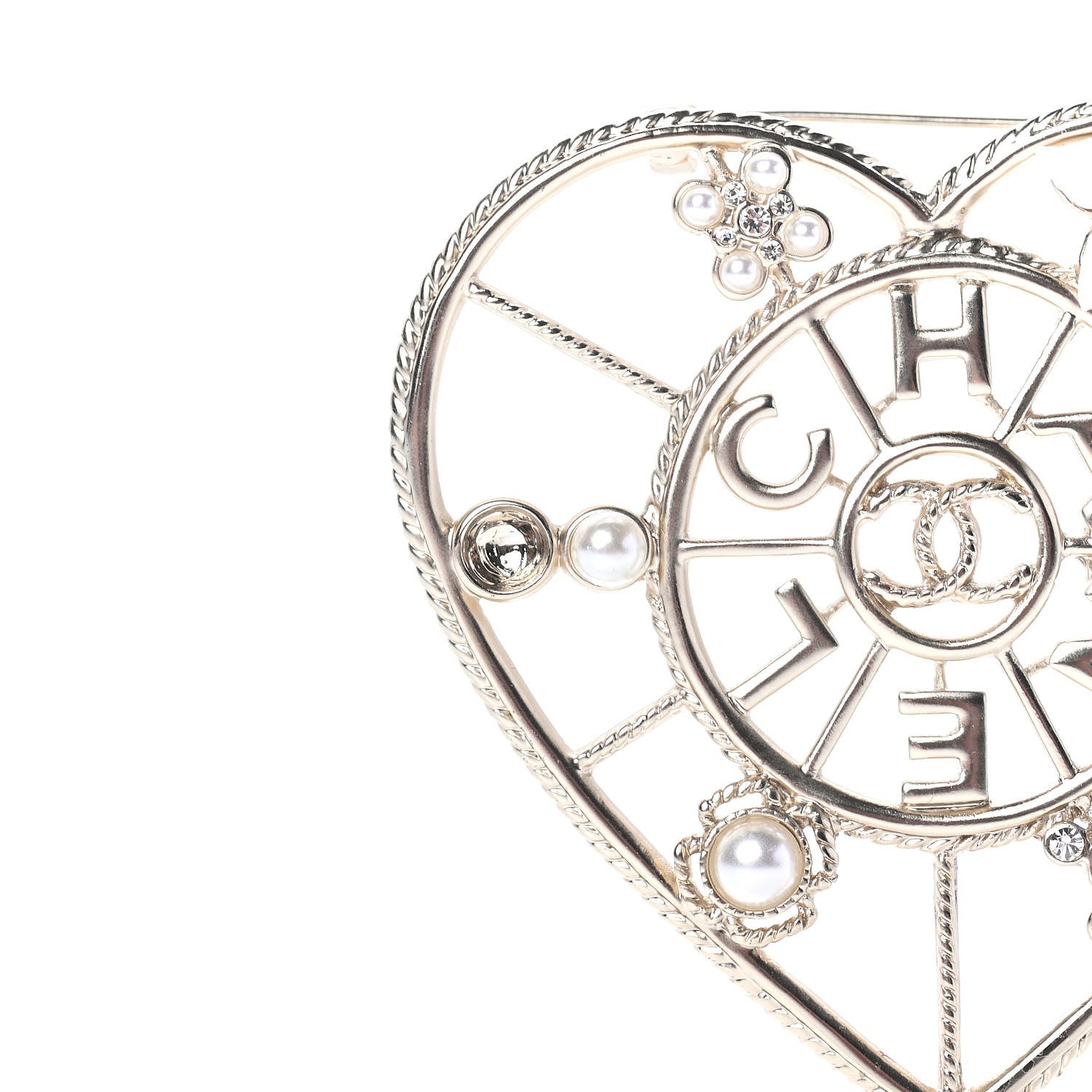 Chanel Crystal Pearl CC Heart Brooch Gold 6 of 8