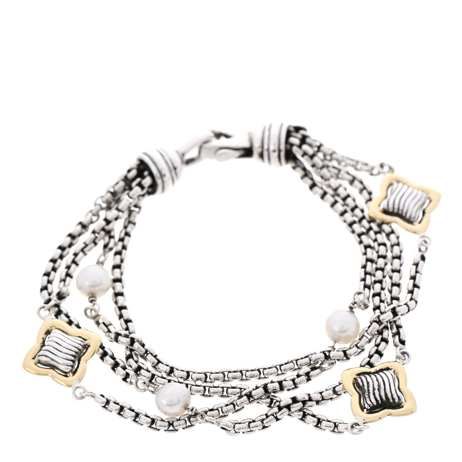 David Yurman Sterling Silver 18K Yellow Gold Pearl Multistrand Quatrefoil Bracelet 1 of 4