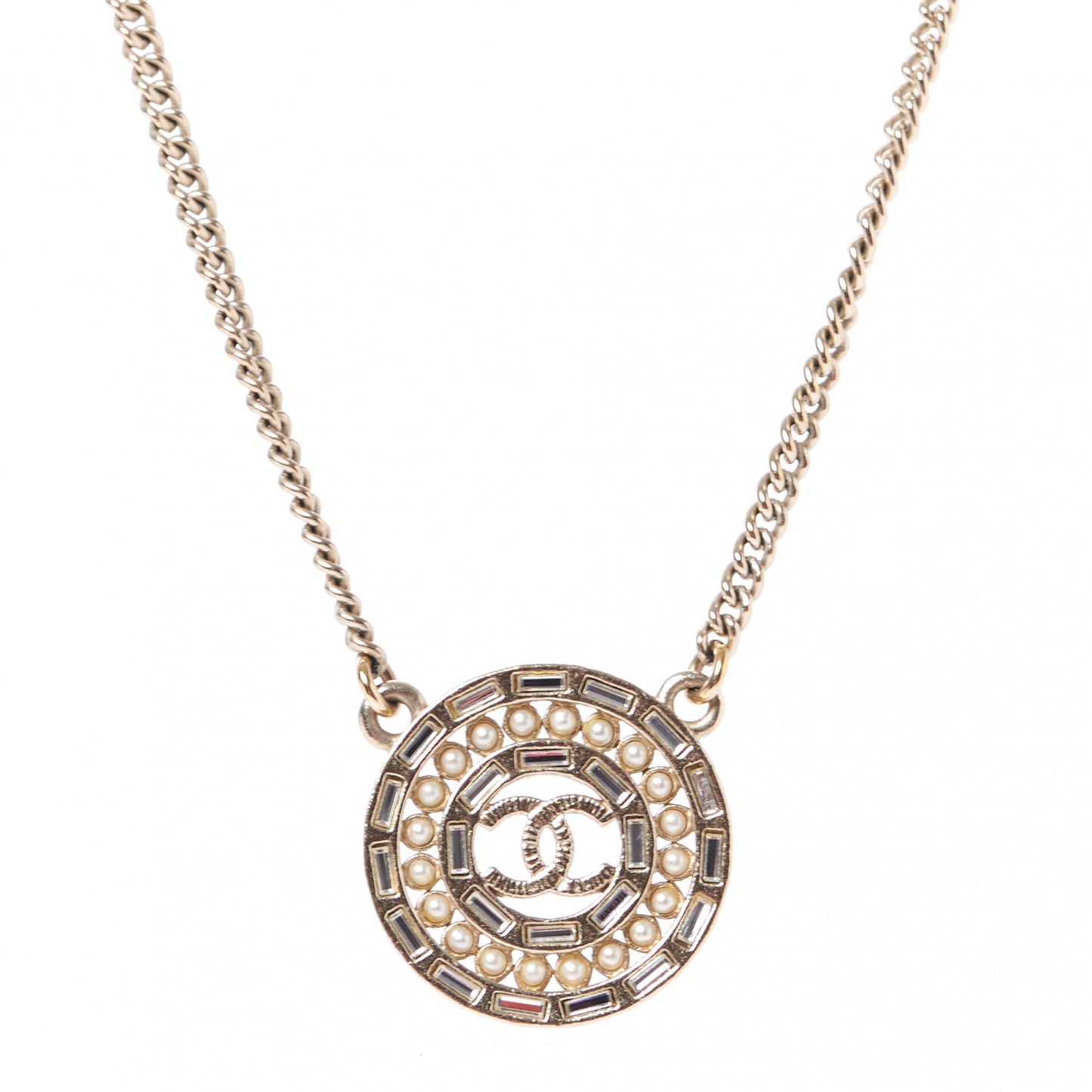 Pearl Baguette Crystal CC Medallion Necklace Gold