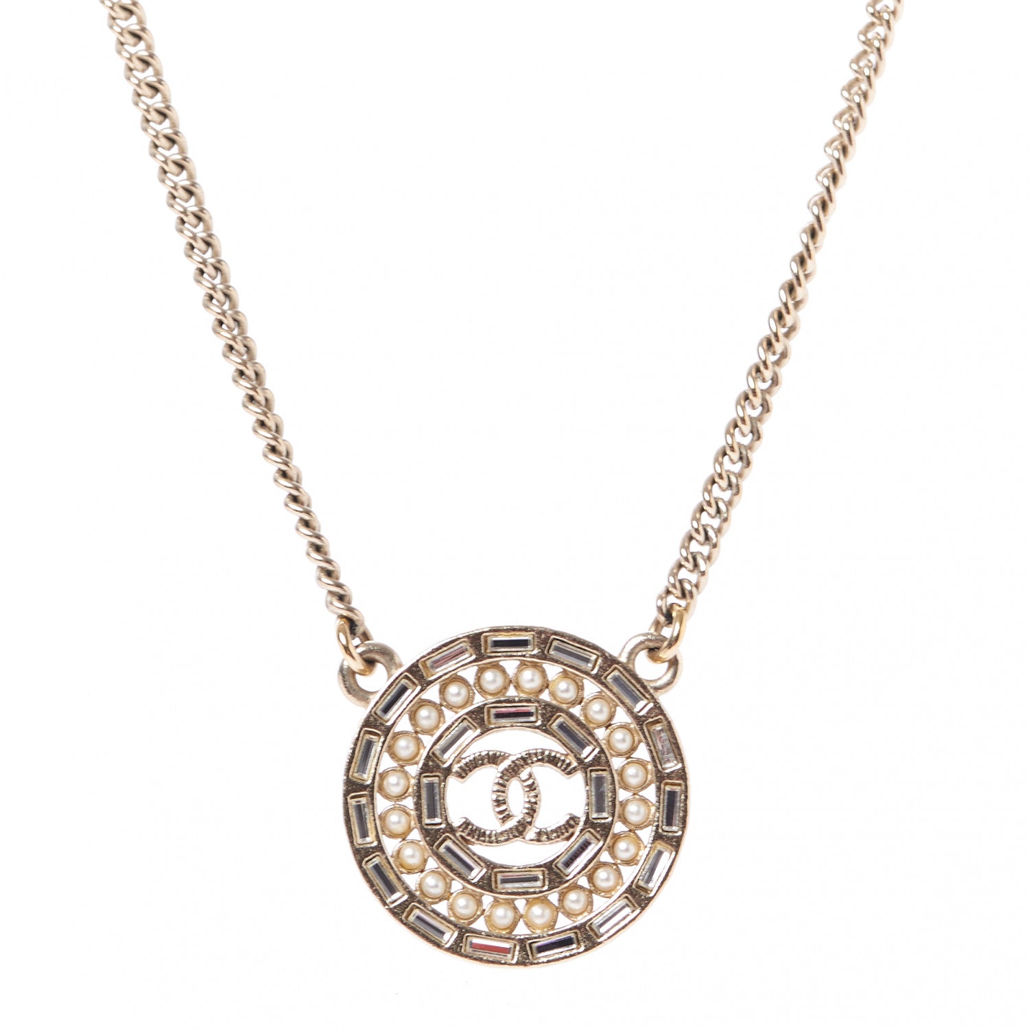 Chanel Pearl Baguette Crystal CC Medallion Necklace Gold 1 of 6