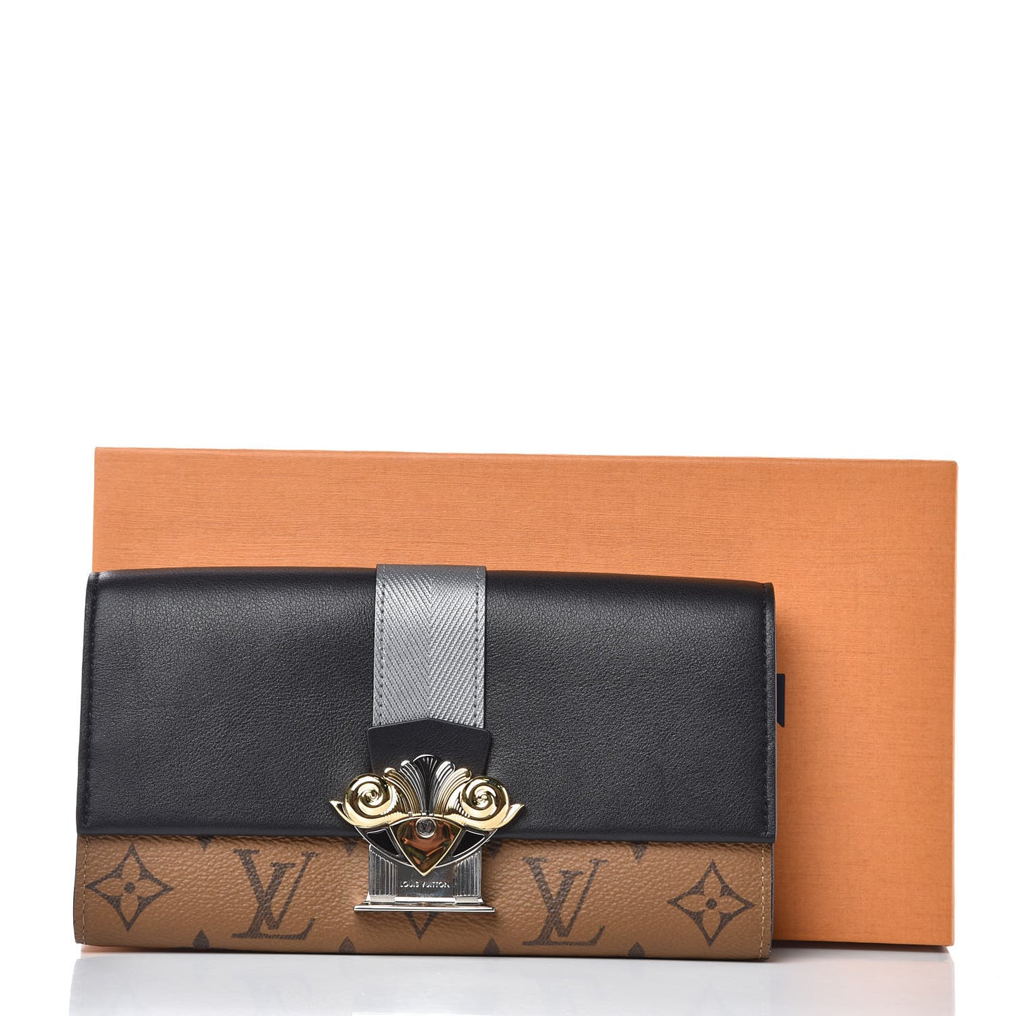 Calfskin Reverse Monogram Column Sarah Wallet Black