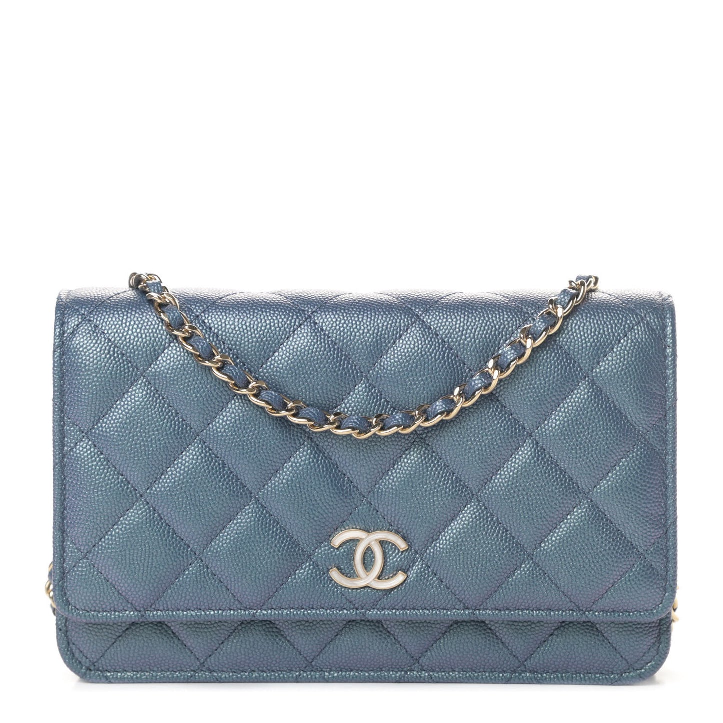 Iridescent Caviar Quilted Wallet On Chain WOC Dark Blue