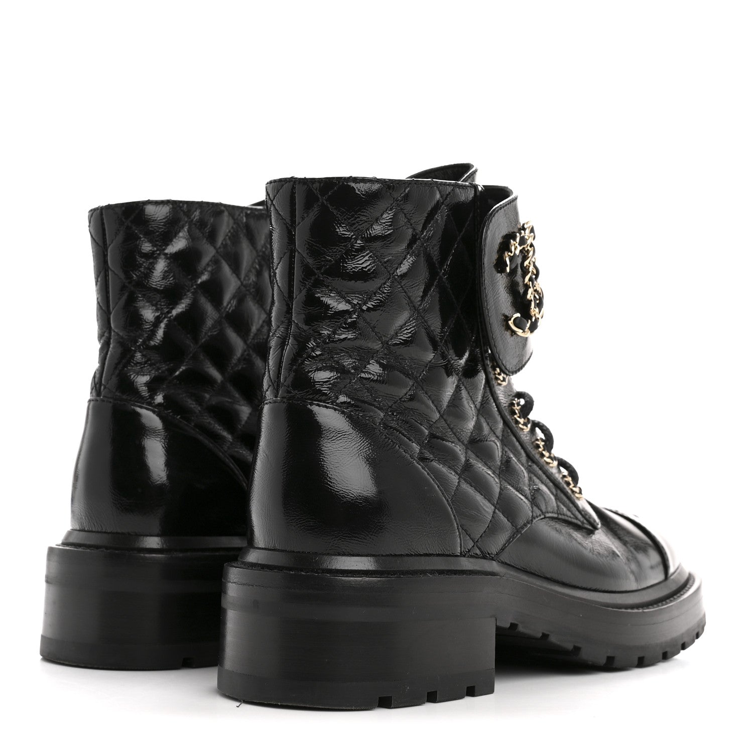 Chanel Shiny Goatskin Calfskin Quilted Lace Up Combat Boots 36.5