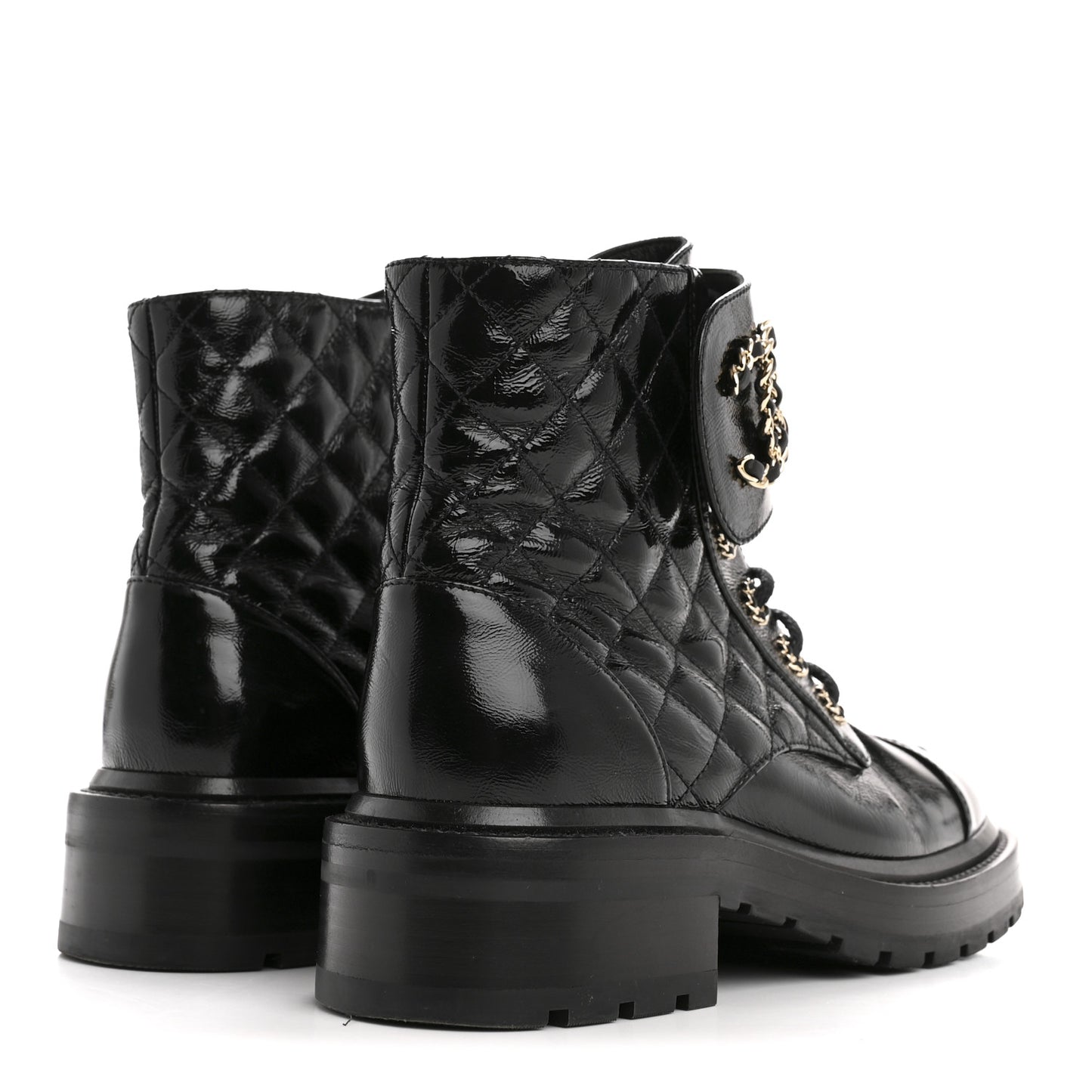 Shiny Goatskin Calfskin Quilted Lace Up Combat Boots 36.5 Black
