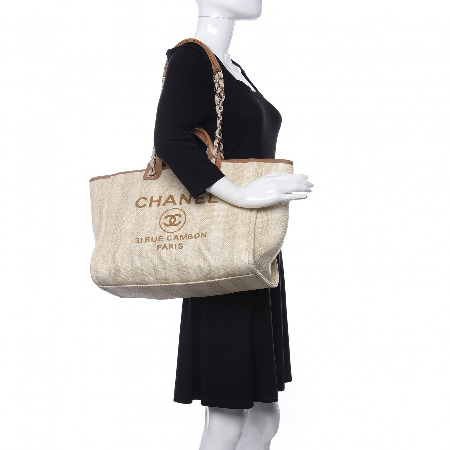 Mixed Fibers Striped Medium Deauville Tote Beige